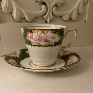 Vintage Floral Green and Gold Teacup and Saucer